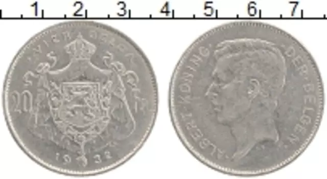 Монета 20 франков Бельгии 1932 года Никель Альберт I
