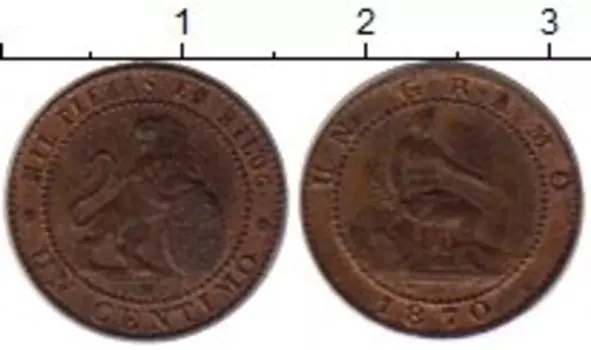 Монета сентим Испании 1870 года Медь Лев