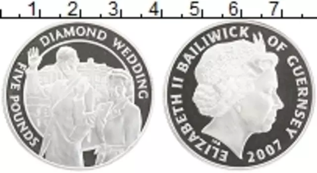 Монета 5 фунтов Гернси 2007 года Серебро Бриллиантовая свадьба