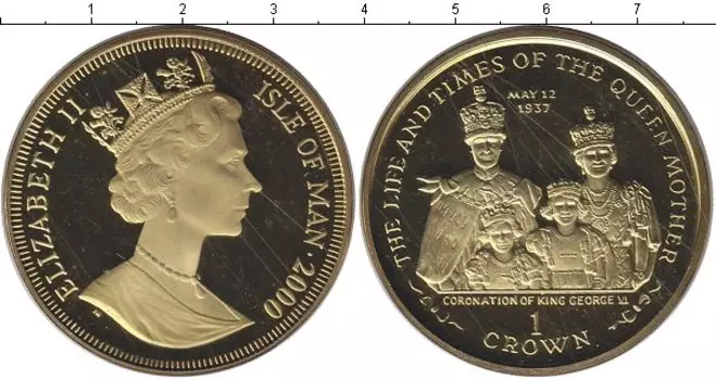 Монета крона Острова Мэн 2000 года Серебро Коронация Короля Георга VI