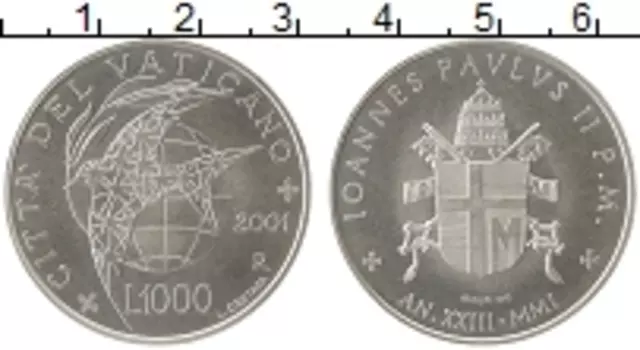Монета 1000 лир Ватикана 2001 года Серебро Голубь
