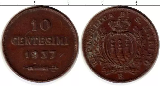 Монета 10 сентесим Сан-Марино 1937 года Медь