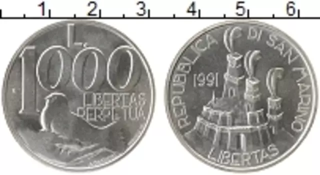 Монета 1000 лир Сан-Марино 1991 года Серебро
