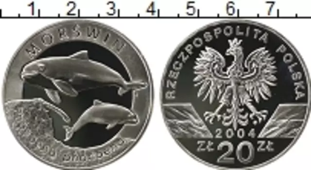 Монета 20 злотых Польши 2004 года Серебро Морская свинья