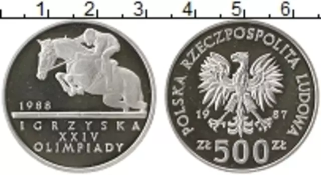 Монета 500 злотых Польши 1987 года Серебро Олимпиада-84 Конный спорт