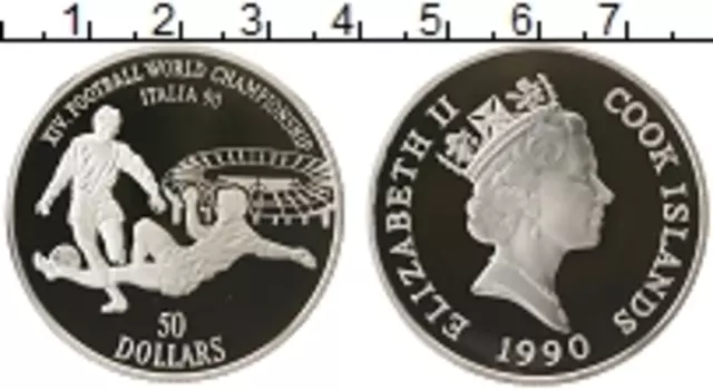 Монета 50 долларов Островов Кука 1990 года Серебро Чемпионат мира по футболу в Италии