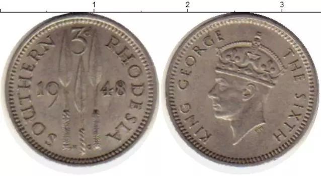 Монета 3 пенса Родезии 1948 года Медно-никель Георг VI