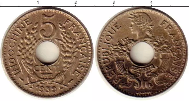 Монета 5 сантим Индокитая 1939 года Медно-никель