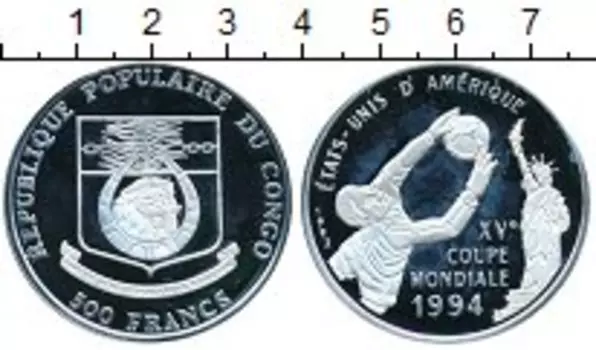 Монета 500 франков Конго 1994 года Серебро Чемпионат Мира по футболу