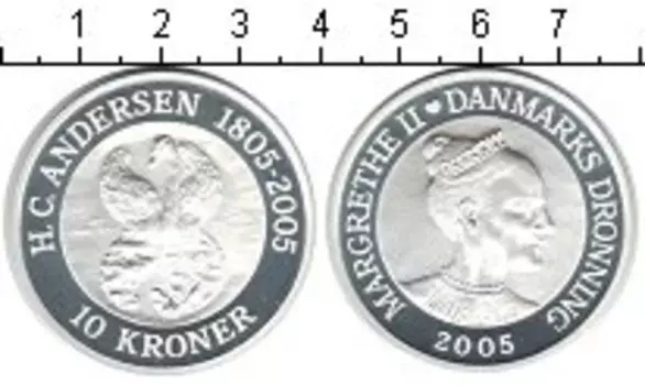 Монета 10 крон Дании 2005 года Серебро 200 лет со дня рождения Ханса Кристиана Андерсена