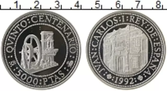 Монета 5000 песет Испании 1992 года Серебро 500 лет открытия Америки