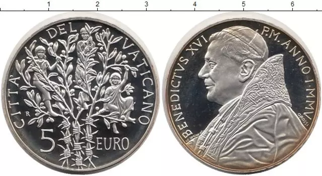 Монета 5 евро Ватикана 2005 года Серебро Понтифик Бенедикт XVI