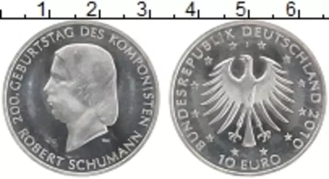 Монета 10 евро Германии 2010 года Серебро 200 лет со дня рождения Роберта Шумана