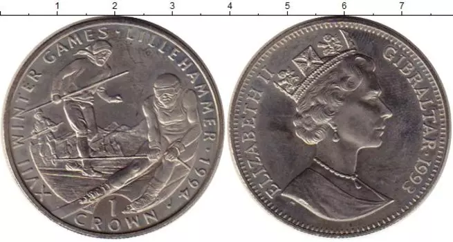 Монета крона Гибралтара 1993 года Медно-никель Олимпийские игры, лыжи