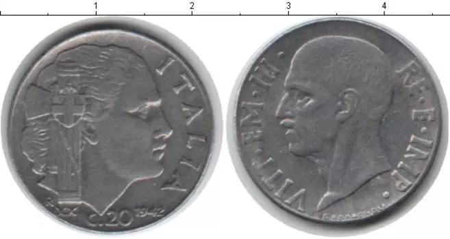 Монета 20 сентесим Италии 1942 года Медно-никель Витторио Имануил III