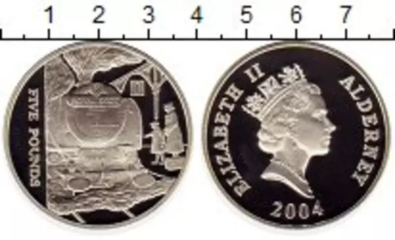 Монета 5 фунтов Олдерни 2004 года Серебро Железная дорога, поезд