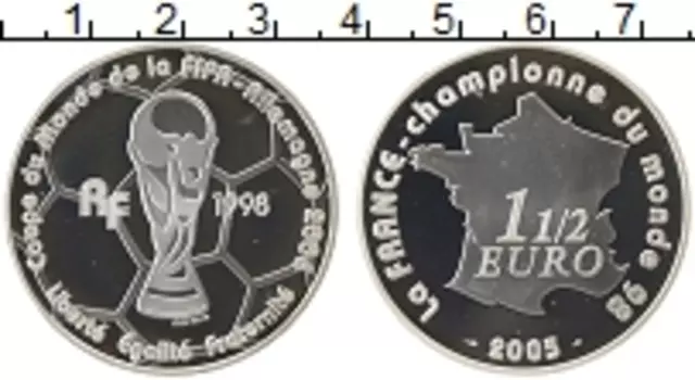 Монета 1/2 евро Франции 2005 года Серебро Чемпионат Мира по футболу