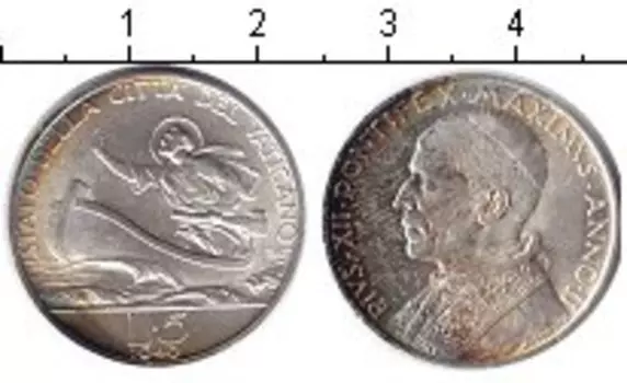 Монета 5 лир Ватикана 1940 года Серебро Пий XII