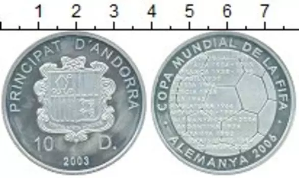 Монета 10 динерс Андорры 2003 года Серебро Чемпионат мира по футболу