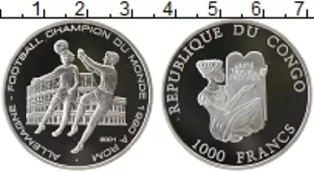 Монета 1000 франков Конго 2001 года Серебро Чемпионат мира по футболу 1990 г