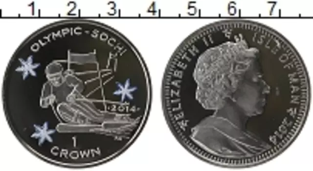 Монета крона Острова Мэн 2014 года Серебро Олимпийские игры в Сочи, лыжи