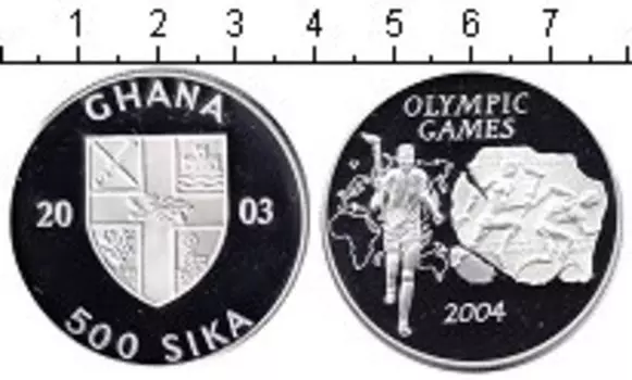 Монета 500 сика Ганы 2003 года Серебро XXVIII летние Олимпийские игры 2004 г