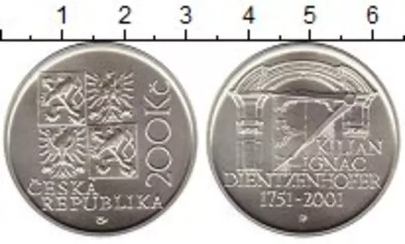 Монета 200 крон Чехии 2001 года Серебро 250 лет со дня смерти Килиана Игнаца Динценхофера