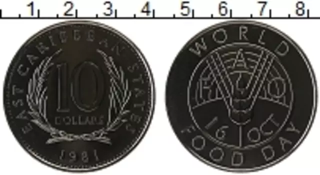 Монета 10 долларов Кариб 1981 года Медно-никель FAO