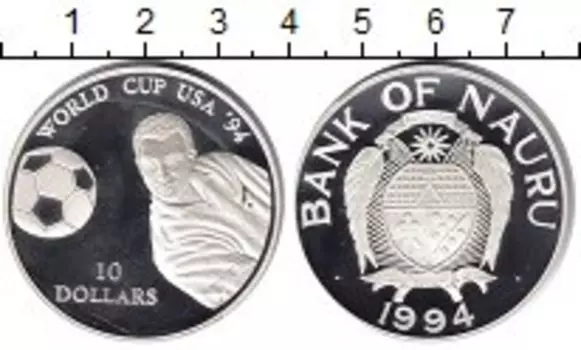 Монета 10 долларов Науру 1994 года Серебро Чемпионат мира по футболу 1994 г