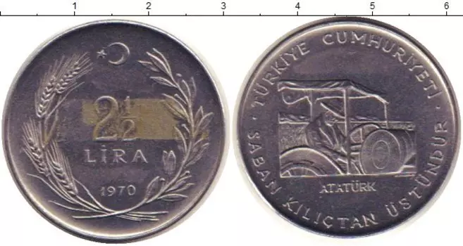 Монета 2 1/2 лиры Турции 1970 года Сталь ФАО