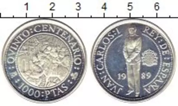 Монета 1000 песет Испании 1989 года Серебро Открытия Америки