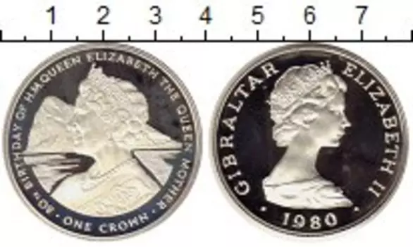 Монета крона Гибралтара 1980 года Серебро 80 лет королеве-матери