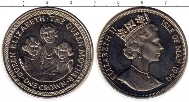 Монета крона Острова Мэн 1990 года Медно-никель Королева-мать