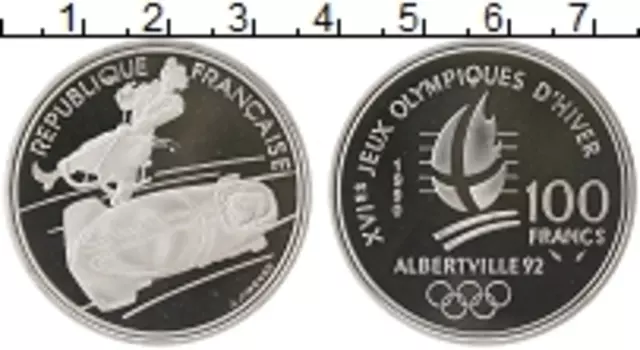 Монета 100 франков Франции 1990 года Серебро Олимпийские игры, бобслей