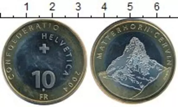 Монета 10 франков Швейцарии 2004 года Биметалл Вершина Матерхорн