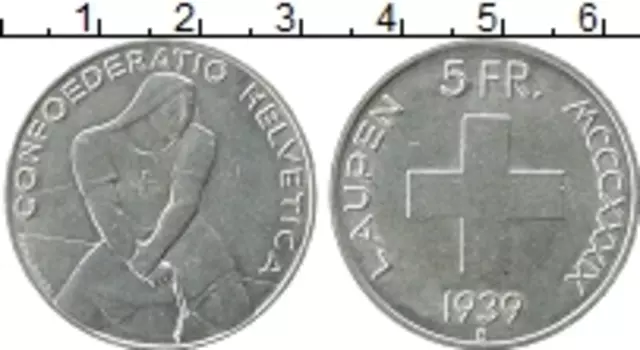 Монета 5 франков Швейцарии 1939 года Серебро 600-летие битвы при Лаупене