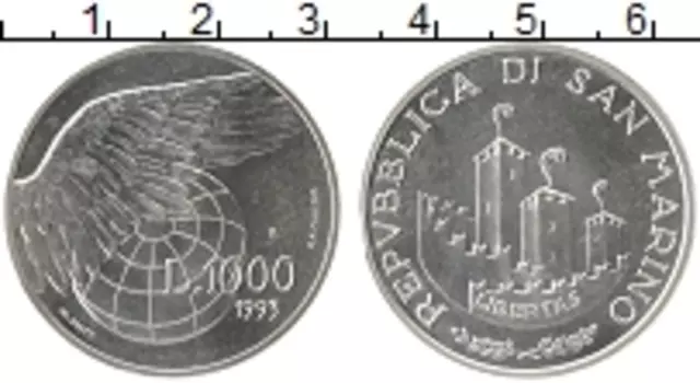 Монета 1000 лир Сан-Марино 1993 года Серебро