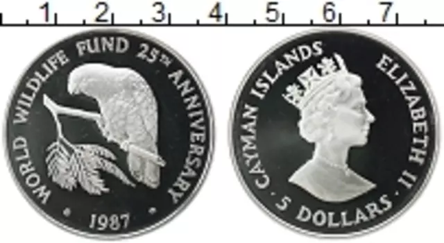 Монета 5 долларов Каймановых островов 1987 года Серебро Елизавета II