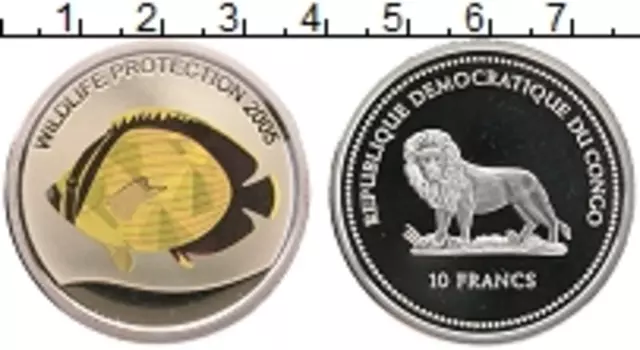 Монета 10 франков Конго 2005 года Серебро Защита дикой природы