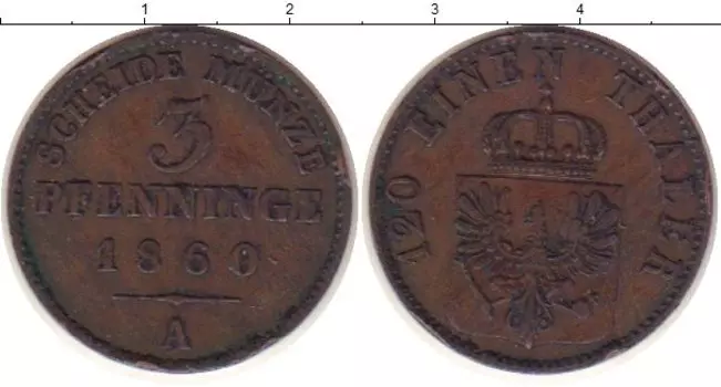 Монета 3 пфеннига Пруссии 1860 года Медь А