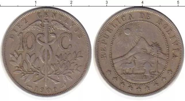 Монета 10 сентаво Боливии 1909 года Медно-никель