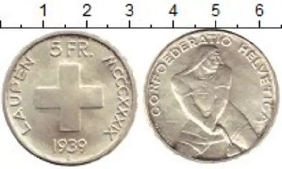 Монета 5 франков Швейцарии 1939 года Серебро 600 - летие битвы при Лаупене