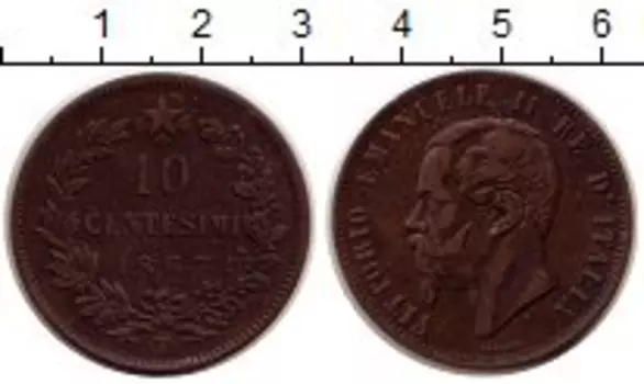 Монета 10 сентесим Италии 1867 года Бронза Виктор Эмануэль II