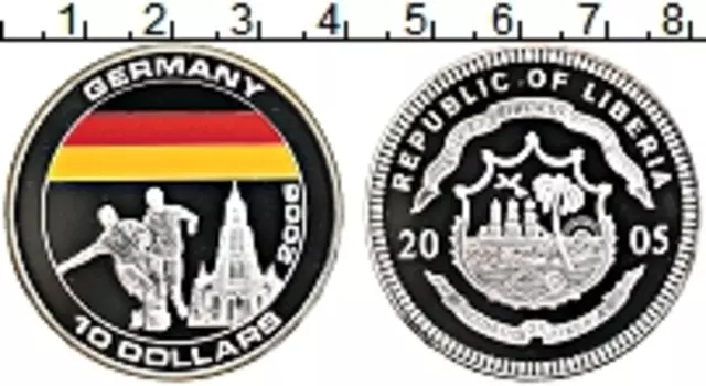 Монета 10 долларов Либерии 2005 года Серебро Чемпионат Мира по футболу, Германия