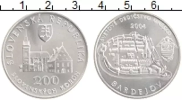 Монета 200 крон Словакии 2004 года Серебро Бардеёв- Всемирное наследие ЮНЕСКО