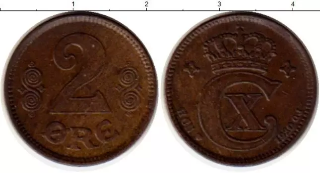 Монета 2 эре Дании 1920 года Бронза Кристиан Х