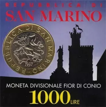Набор монет 1000 лир Сан-Марино 1997 года Биметалл В подарочный набор входит разменная монета из обращения достоинством 1000 лир