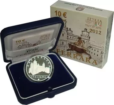 Набор монет 10 евро Италии 2012 года Серебро Подарочная монета номиналом 10 евро посвящена городу Феррара в итальянском регионе Эмилия-Романья, являющемуся административным центром одноимённой провинции