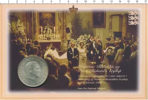 Набор монет 10 крон Дании 1968 года Серебро ?? Датская монета номиналом 10 крон, выпущенная в 1968 году в честь свадьбы Принцессы Бенедикты