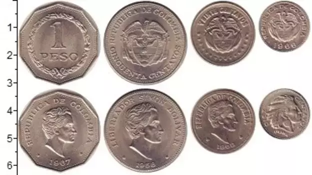 Набор монет 1959-1967 гг Колумбии Медно-никель В наборе 4 монеты номиналом 10 сентаво, 20 сентаво, 50 сентаво, 1 песо